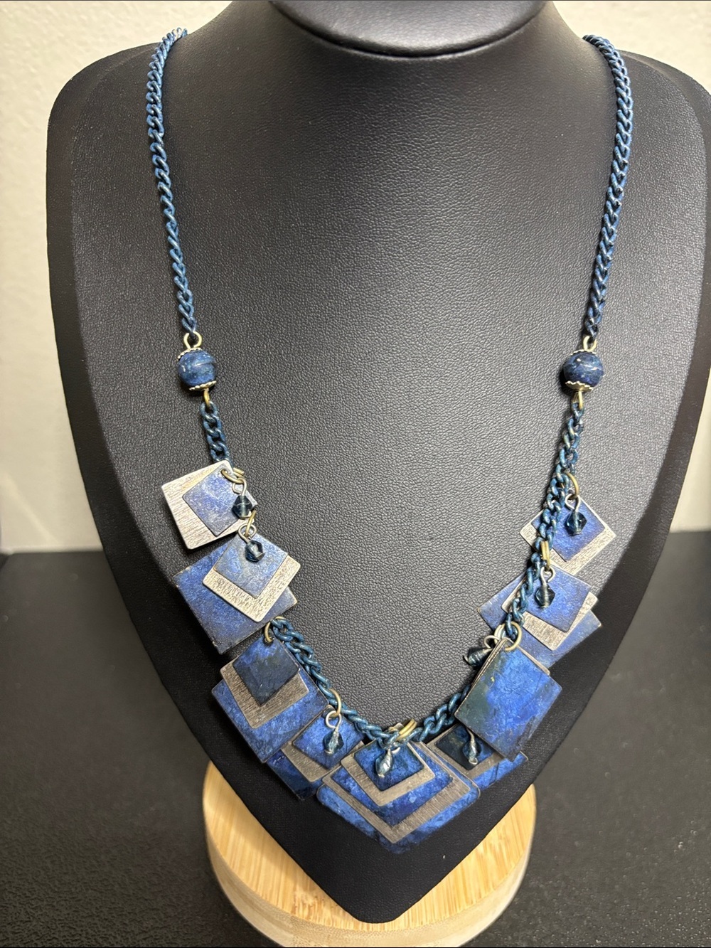 Brutalist Metal Blue Layered Geometric Pendant Necklace - Unbranded